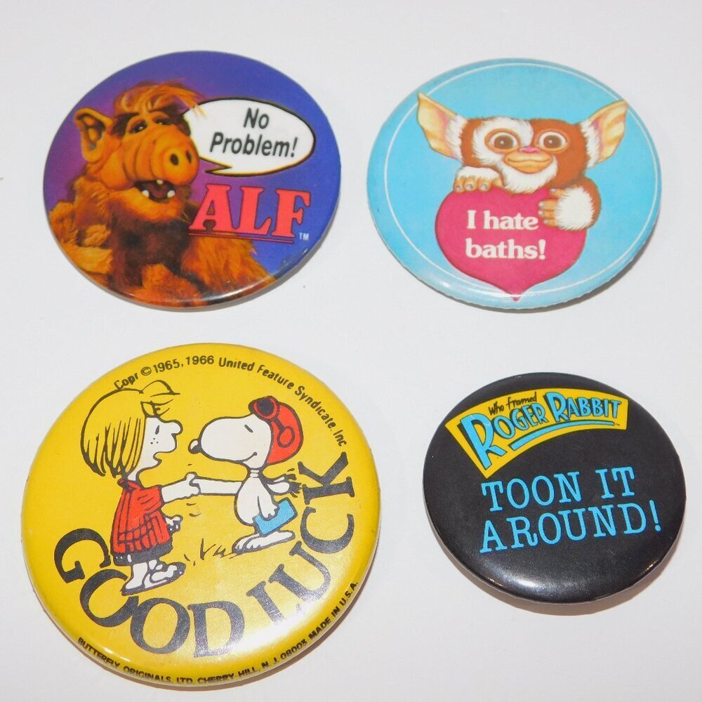 Lot 4 Vintage 80s Pinback Button Gremlins ALF Peanuts Roger Rabbit TV MOVIE